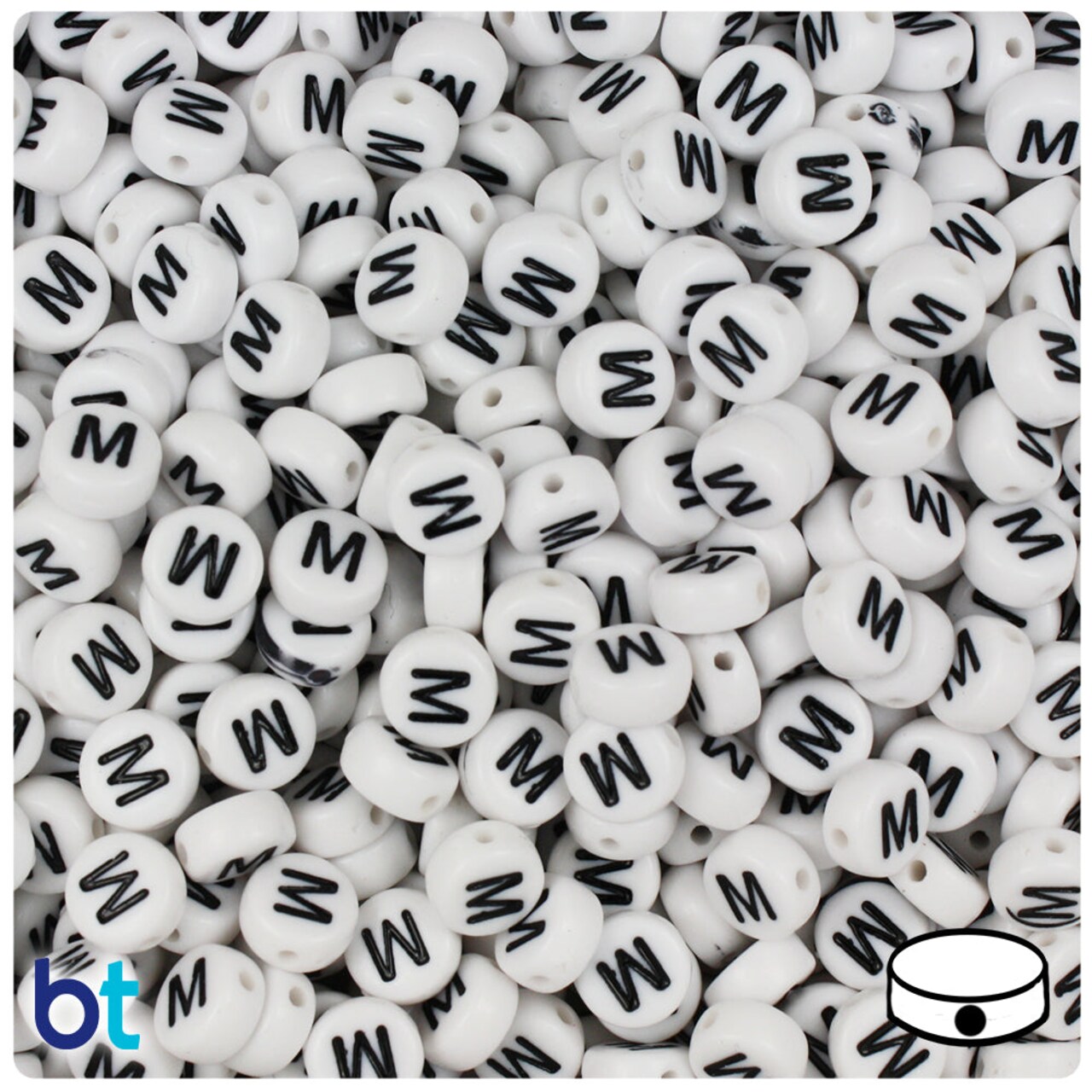 BeadTin White Opaque 7mm Coin Plastic Alpha Beads - Black Letter M (100pcs)